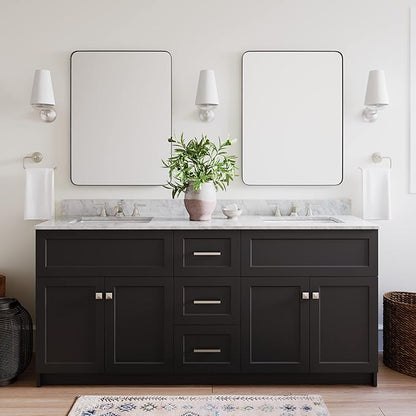 ARIEL Hamlet 72-inch Bathroom Vanity with Sink,Solid Wood, 0.75-inch Italian Carrara Marble Countertop & Backsplash, Double Oval Sink, 4 Soft Closing Doors, 3 Dovetail Drawers, Black