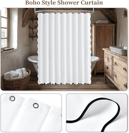 BTTN 108x72 Boho Scalloped Linen Textured Cloth Shower Curtain Set, White | Extra Wide Size, 230GSM Waterproof Polyester, Heavy Duty Fabric, 18 Plastic Hooks, Modern Farmhouse Style, Machine Washable