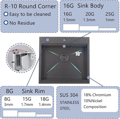 21x20 Inch Black Kitchen Sink, Drop in Bar Sink Black, Stainless Steel Square Small Topmount Workstation Sinks, Single Bowl for Laundry Office Wet Bar Prep RV Outdoor Yard