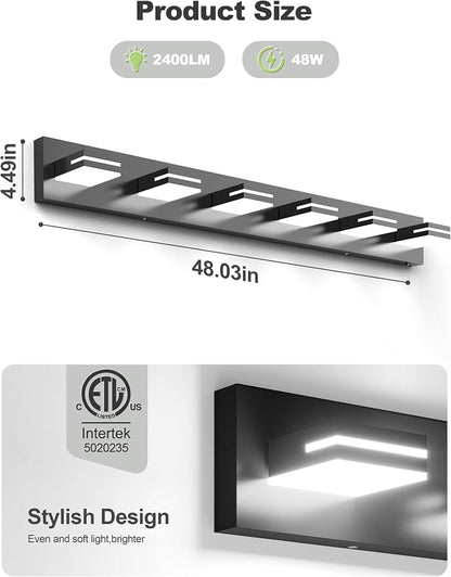 VOLISUN Modern Bathroom Vanity Light Fixtures (6-Light, 48-Inch), Matte Black LED Bathroom Lighting Fixtures Over Mirror, 360°Rotatable Head, LED Vanity Lights for Bathroom (Cool White 6000K)