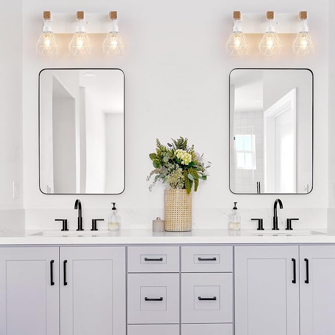 maesta 3 Light Bathroom Vanity Light, Farmhouse White Fixture Over Mirror | Farmhouse Bathroom Light Fixtures, Wood & Metal, Anti-Rust Easy to Install for Rustic Bathroom Hallway