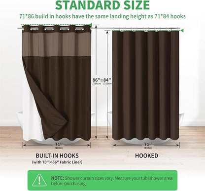 eachope No Hook Linen Texture Shower Curtain with Snap-in Liner,71x86 Brown | Extra Long,230GSM Thick Fabric,Hotel Luxury Decor,Mesh Top Window,Bottom Magnetic,Waterproof & Machine Washable,for Bathroom