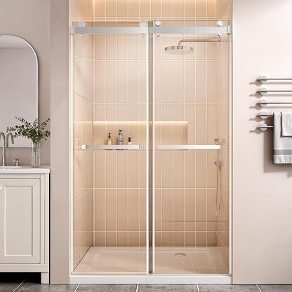 Frameless Stainless Steel Sliding Shower Door, 44-48" W x 76" H - 5/16" (8mm) Thick Tempered Glass Rust-Proof Glass Shower Door with Dual Tracks in Brushed Nickel