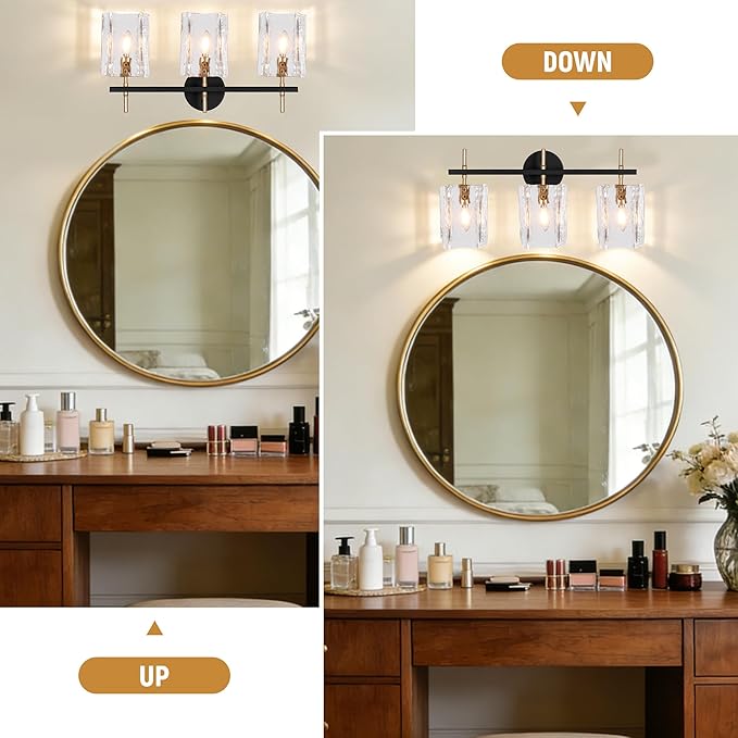 3-Light Bathroom Vanity Lights Over Mirror, Black and Gold Bathroom Light Fixture with Clear Glass Shade, Modern Bathroom Wall Sconce Lighting for Mirror, Living Room, Adjustable (E12)