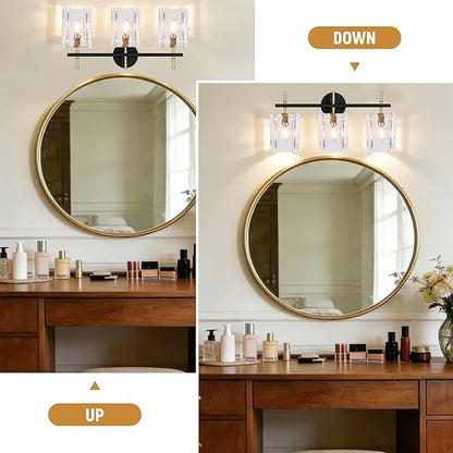 3-Light Bathroom Vanity Lights Over Mirror, Black and Gold Bathroom Light Fixture with Clear Glass Shade, Modern Bathroom Wall Sconce Lighting for Mirror, Living Room, Adjustable (E12)