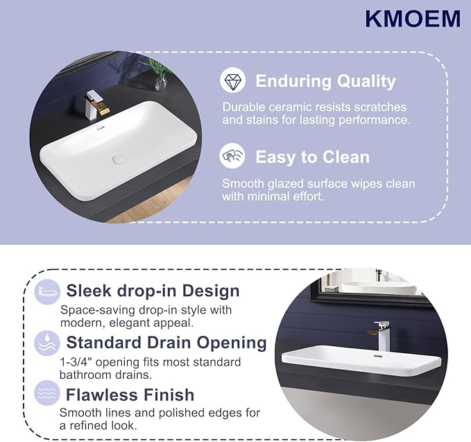 Vessel Sink 32"x17" Semi Recessed Bathroom Sink Drop-in White Bathroom Sink Porcelain Ceramic Modern Rectangular Sinks Drop-in Vanity Sinks with Overflow for Bathrooms