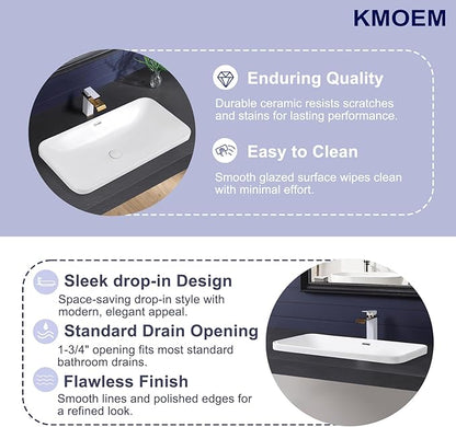 Vessel Sink 32"x17" Semi Recessed Bathroom Sink Drop-in White Bathroom Sink Porcelain Ceramic Modern Rectangular Sinks Drop-in Vanity Sinks with Overflow for Bathrooms