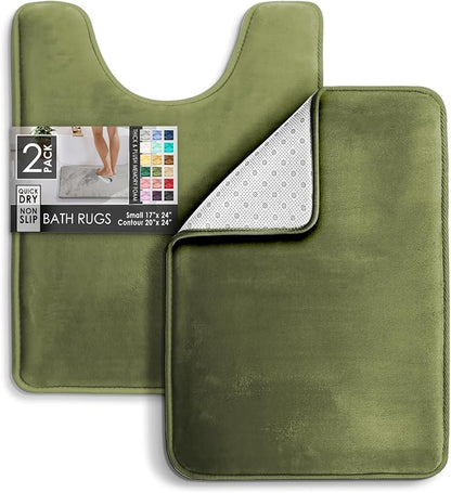 Clara Clark 2 Piece Bathroom Rugs, Velvet Memory Foam Bath Mat Set, Non-Slip Bath Rugs, Machine Wash, Dries Quickly, Ultra Soft Plush Bath Mats for Bathroom, 17 x 24 + Contour, Sage Green