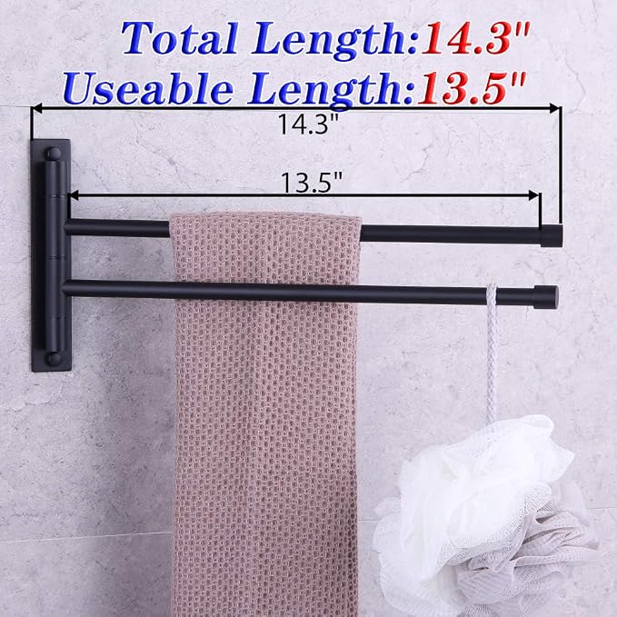 GERZWY Bathroom Swing Arm Towel Bars 2-Arm Wall Mount Stainless Steel Bath Towel Rack Hanger Towel Holder Organizer Matte Black HYG02-BK