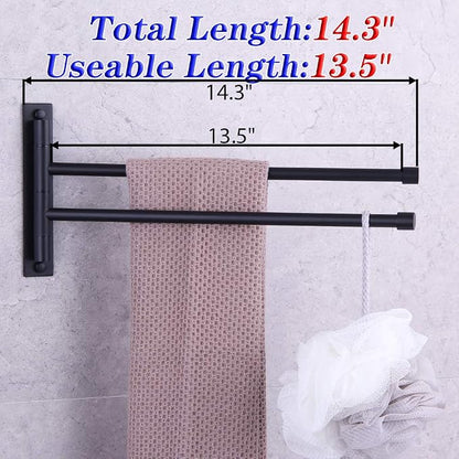 GERZWY Bathroom Swing Arm Towel Bars 2-Arm Wall Mount Stainless Steel Bath Towel Rack Hanger Towel Holder Organizer Matte Black HYG02-BK