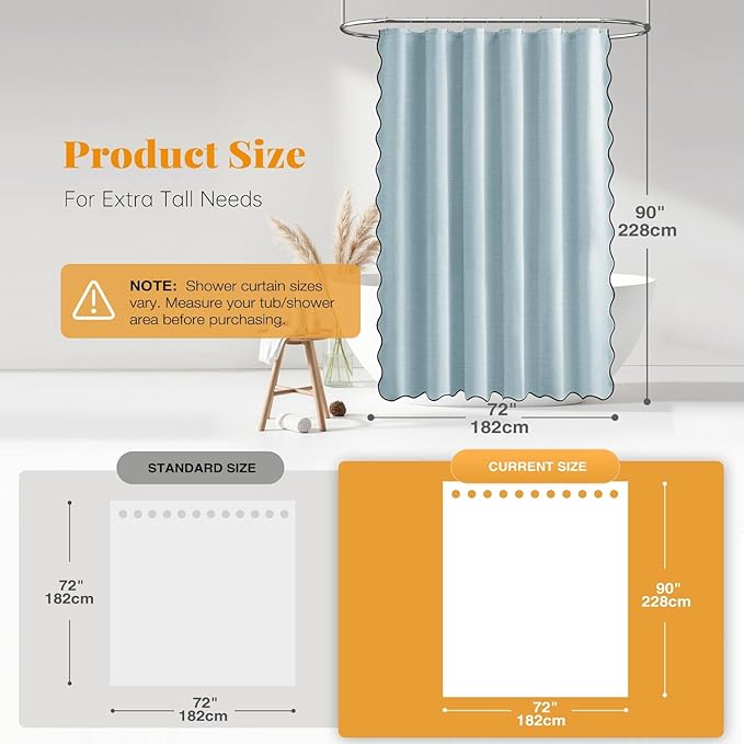 BTTN Extra Long Shower Curtain, 72x90 Boho Scalloped Linen Textured Thick Fabric Shower Curtain Set with 12 Hooks, Tall Modern Farmhouse Rustic Waterproof Cloth Shower Curtains for Bathroom, Fog Blue