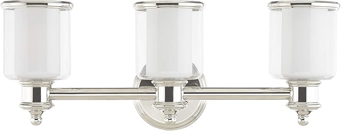 Livex Lighting 40213-35 Middlebush Collection 3-Light Bathroom Vanity Light with Double Shaded Hand Crafted Glass Shades, Polished Nickel, 23.5 x 6.5 x 9