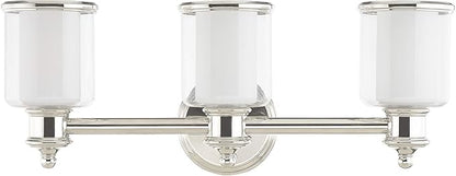 Livex Lighting 40213-35 Middlebush Collection 3-Light Bathroom Vanity Light with Double Shaded Hand Crafted Glass Shades, Polished Nickel, 23.5 x 6.5 x 9