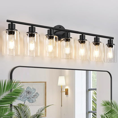 Zarbitta 7-Light Bathroom Light Fixtures, Black Modern Vanity Lights with Clear Glass Shade, Bathroom Wall Lamp, for Mirror, Kitchen, Living Room, Hallway, Cabinet