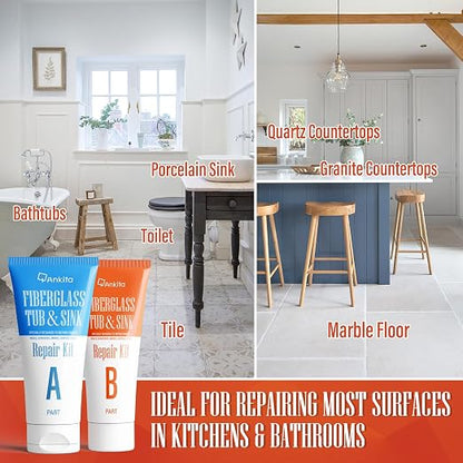 Tub Repair Kit (Color Match), for Fiberglass Shower, Acrylic Bathtub | For Chips, Cracks, Holes & Rust on Porcelain Sink, Tile, Enameled Cast Iron Tub Surround & Shower Pan Repair, White, Almond