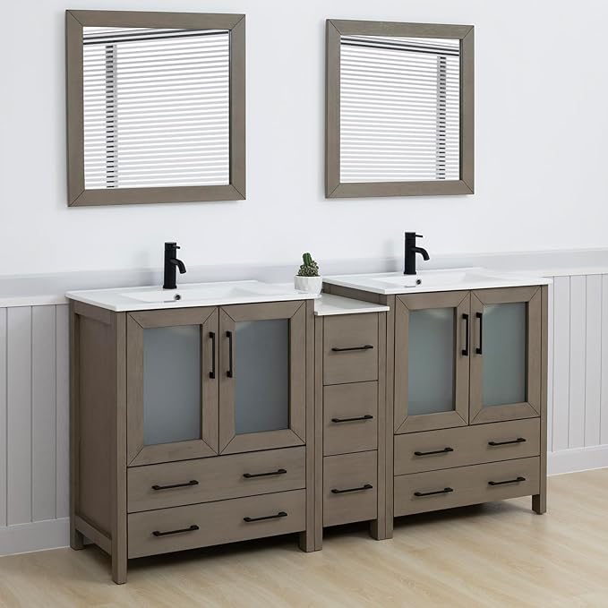 Vanity Art 72 Inch Under Mount Double Sink Bathroom Vanity Cabinet with 2 Mirrors, Ceramic Top Bathroom Cabinet Compact Set with 7 Dovetail Storage Drawers and Matte Black Handles, VA3030-72-DG