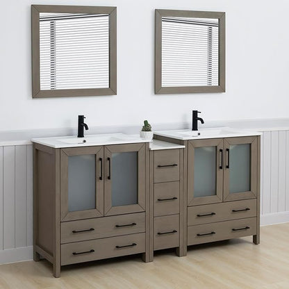 Vanity Art 72 Inch Under Mount Double Sink Bathroom Vanity Cabinet with 2 Mirrors, Ceramic Top Bathroom Cabinet Compact Set with 7 Dovetail Storage Drawers and Matte Black Handles, VA3030-72-DG