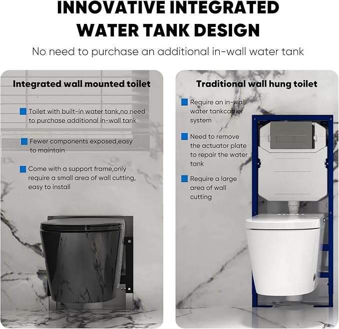 Black Basic Smart Function Wall Hung Toilet Combo, Built-In Water Tank, Heated Seat,Auto Flush,Foot Sensor Flush,Nightlight, with In-Wall Carrier (No Need to buy an Additional Water Tank)