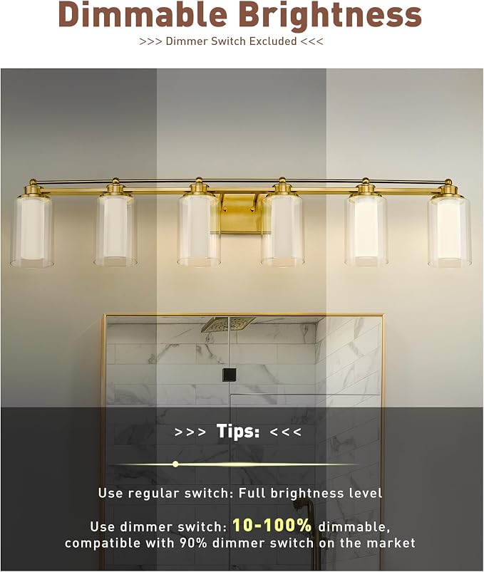 HWH Bathroom Vanity Light Fixtures 6-Light, Brushed Gold, 5HLT63B-6W-LED BG | Dimmable, 5CCT, 36W, Vanity Light Over Mirror, Brass Wall Vanity Lights, Bathroom Light, Metal Fixture Body, For Hallway