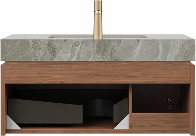 Bathroom Vanity with Sink 36 Inch, Floating Bathroom Vanity Sink Cabinet with Drawer and Door, Undermount Sink & Light Gray Sintered Stone Top, Pre-Assembled,Brown Oak
