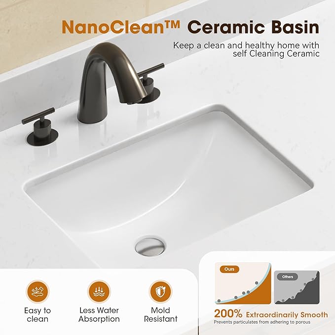 48 Inch Bathroom Vanity with Sink, Light Oak | Fully Pre-Assembled, Solid Wood Bathroom Cabinet, Marble Countertop & Backsplash, Soft Closing 2 Doors & 3 Drawers
