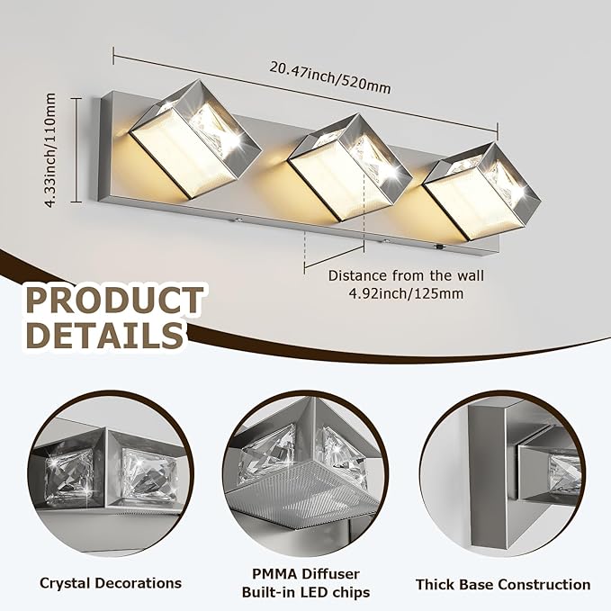 Joossnwell Brushed Nickel Bathroom Vanity Light Crystal 5CCT Dimmable Bathroom Lighting Fixtures Over Mirror (3-Light, 20.47-Inch) Led Modern Bath Lights with 350°Rotatable Head