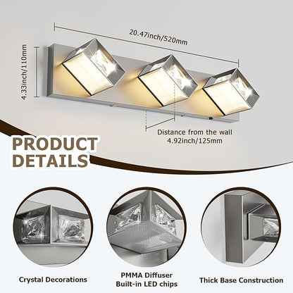 Joossnwell Brushed Nickel Bathroom Vanity Light Crystal 5CCT Dimmable Bathroom Lighting Fixtures Over Mirror (3-Light, 20.47-Inch) Led Modern Bath Lights with 350°Rotatable Head