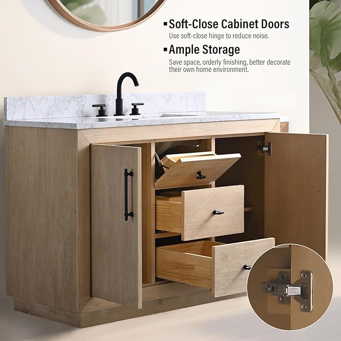 Vanity Art 48" Bathroom Vanity with Sink, Vanity Cabinet with Doors and Shelf, Modern Wood Bathroom Vanity with White Marble Top, Solid Wood Frame, 3 Functioning Drawers,VA70-48-LW-E