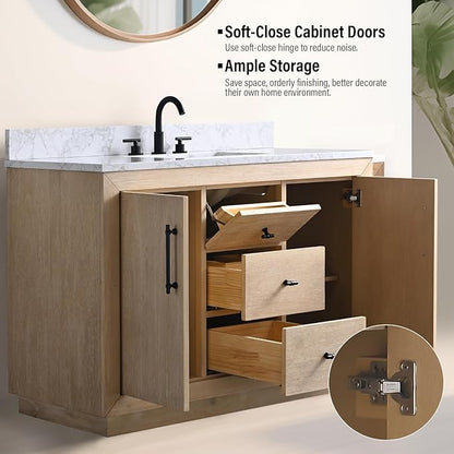 Vanity Art 48" Bathroom Vanity with Sink, Vanity Cabinet with Doors and Shelf, Modern Wood Bathroom Vanity with White Marble Top, Solid Wood Frame, 3 Functioning Drawers,VA70-48-LW-E