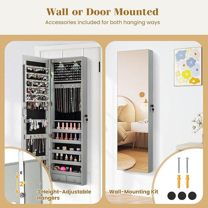 NAFORT 2 LEDs Mirror Jewelry Cabinet, 47.5-Inch Tall Wall or Door Mounted Jewelry Organizers and Storage with Frameless Full-length Mirror, Lockable Jewelry Armoire with 2 Drawers, Gray