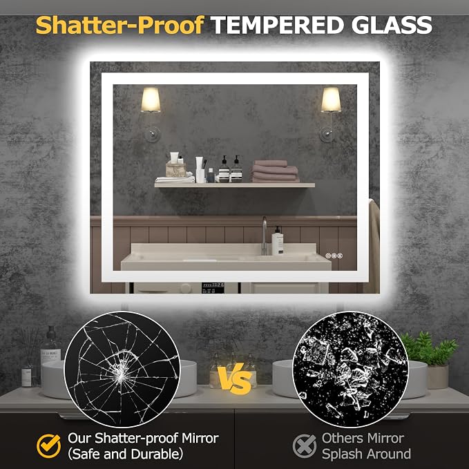 Hivone 40"X32" LED Bathroom Mirror with Lights, Anti-Fog, Dimmable, Backlit + Front Lit, Smart Bathroom Vanity Mirror, Memory Function, Shatterproof, Tempered Glass (Horizontal/Vertical)