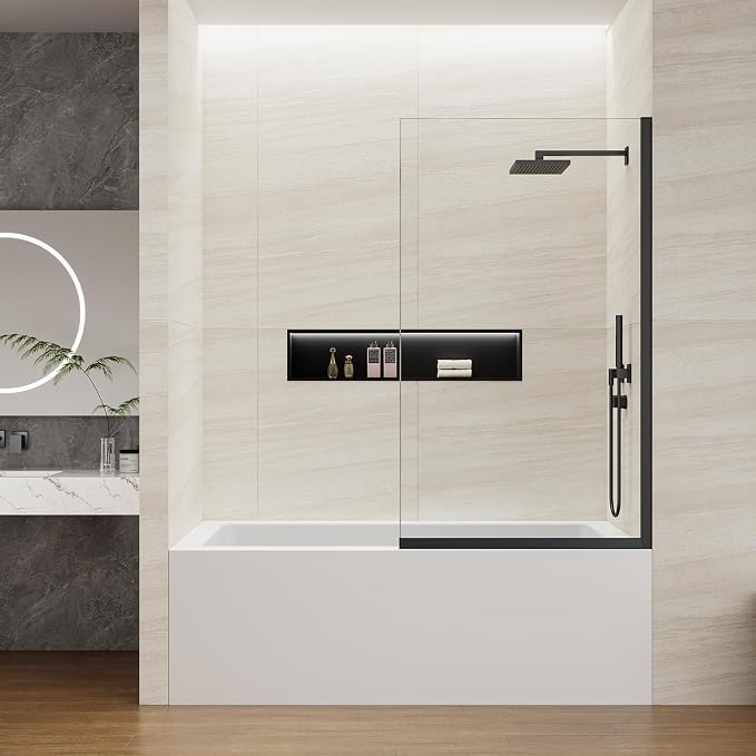 Bathtub Shower Screen 35" x 60" Shower Tub Wall Panel Matte Black | Tempered Glass 3/8 inch, Half Frameless Shower Wall Panel, Easy to clean Coating, Fixed Glass Shower Door With Hardware