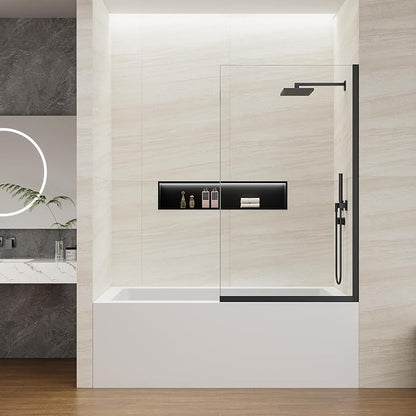 Bathtub Shower Screen 35" x 60" Shower Tub Wall Panel Matte Black | Tempered Glass 3/8 inch, Half Frameless Shower Wall Panel, Easy to clean Coating, Fixed Glass Shower Door With Hardware