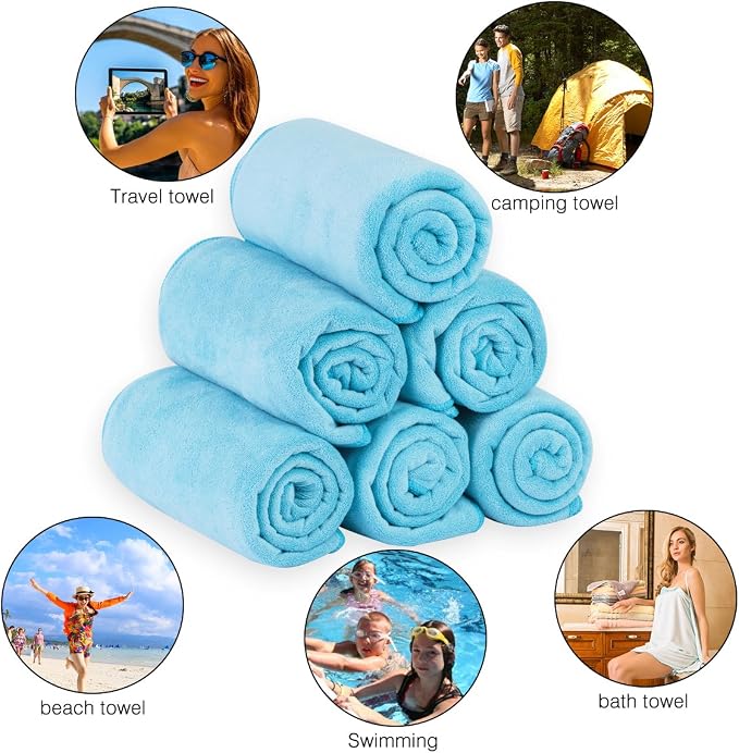 JML Microfiber Bath Towels Set, 27" x 55", 6 Pack, Sky Blue | Hanging Loop, Absorbent, Soft, Fast Drying, Lint free, Fade Resistant, Multipurpose for Adult, Beach, Pool, Sport, Yoga