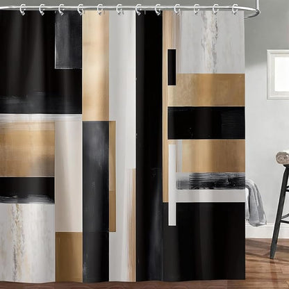 Black and Gold Abstract Shower Curtain Set, Modern Art Aesthetic Oil Painting Shower Curtain, Boho Neutral Artistic Fabric Waterproof Bathroom Curtains with 12PCS Hooks 72X78IN Brown Beige