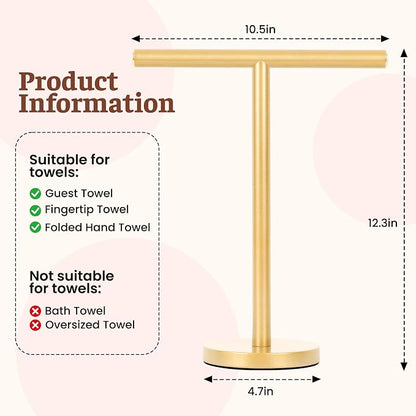 T-Shape Bath Hand Towel Holder Standing (Golden -2 Pack) | Weighted Stainless Steel Base Helps Prevent Tipping While The Open T-Shape Keeps Towels Dry on Bathroom Countertops