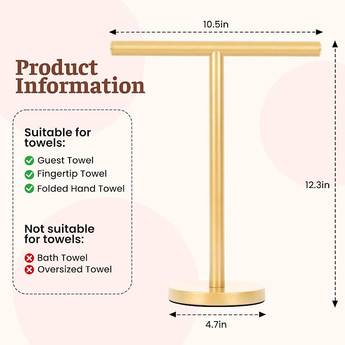 T-Shape Bath Hand Towel Holder Standing (Golden -1 Pack) | Weighted Stainless Steel Base Helps Prevent Tipping While The Open T-Shape Keeps Towels Dry on Bathroom Countertops