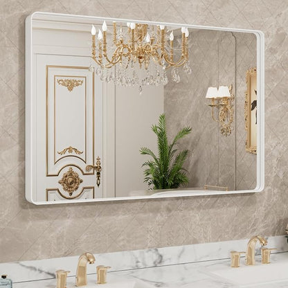 LOAAO 40x32 Inch White Metal Framed Bathroom Mirror for Wall, White Bathroom Vanity Mirror Farmhouse, Large Rounded Rectangle Mirror, Anti-Rust, Tempered Glass, Hangs Horizontally or Vertically | Rounded Rectangle, Anti-Rust, Tempered Glass, Hangs Hori...