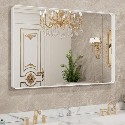 LOAAO 48x36 Inch White Metal Framed Bathroom Mirror | Rounded Rectangle, Anti-Rust, Tempered Glass, Hangs Horizontally or Vertically