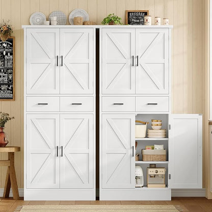 Farmhouse Pantry Cabinet, 66.9″H Tall Kitchen Storage Cabinet with Barn Doors, Adjustable Shelves & Drawer, Freestanding Cupboard for Kitchen, Dining Room, Living Room, Bathroom, White