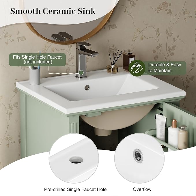 Merax 20 Inch Small Bathroom Vanity with Sink, Vanity Cabinet with Bottom Drawer and Door Rack Organizer, Adjustable Shelf, Green