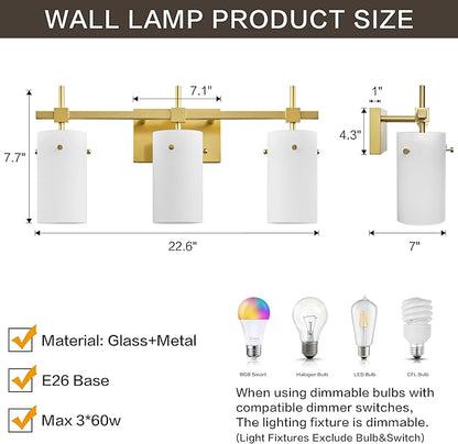 SOLFART 3-Light Bathroom Vanity Light, Modern Brushed Gold Wall Lights with Milky White Clear Glass Shades, Bathroom Wall Sconce Lamp for Mirror Living Room Bedroom Hallway (Bulbs Not Included)
