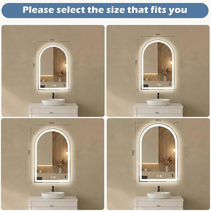 Sweetcrispy 20“×28” LED Bathroom Backlit Mirror with Lights, Arched Vanity Mirror with Anti-Fog, Dimmable, 3-Color Light, Memory Function, Tempered Glass