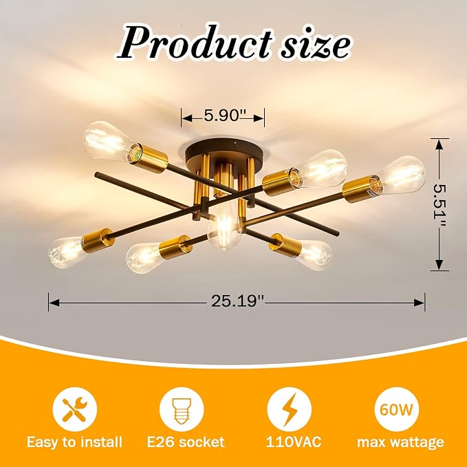UOFUS 7-Light Semi Flush Mount Ceiling Light Fixture Matte with E26 Base Modern Black and Gold Chandelier Mid Century Modern Ceiling Lamp for Farmhouse Kitchen Dining Room Bedroom Living Room Bathroom