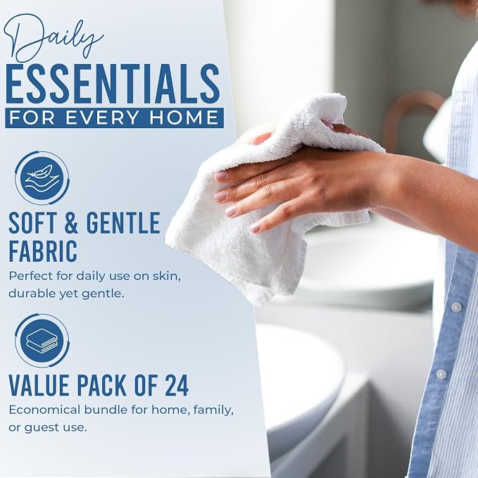 DAN RIVER 24 Pack Cotton Wash Cloths Set for Showering [12x12] Grey White | Lighter Weight, Quick to Dry, Super Soft & Absorbent Face Towels, Hotel Quality, Perfect for Bathroom, Gym, Spa