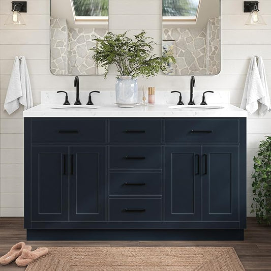ARIEL Hepburn 60-inch Bathroom Vanity with Sink,Solid Wood, 1.5-inch Carrara White Quartz Countertop, Double Oval Porcelain Sink, 4 Soft Closing Doors, 6 Dovetail Drawers, Midnight Blue