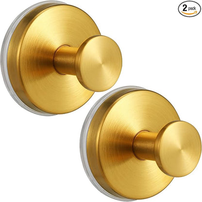 Large Suction Cup Hooks, Heavy Duty 15lb Holds Towel & Robe, No-Drill Shower Bathroom Hooks for Tile Wall Glass Mirror, Mounts on Smooth Non-Porous Surfaces(2 Pack, Brushed Gold)