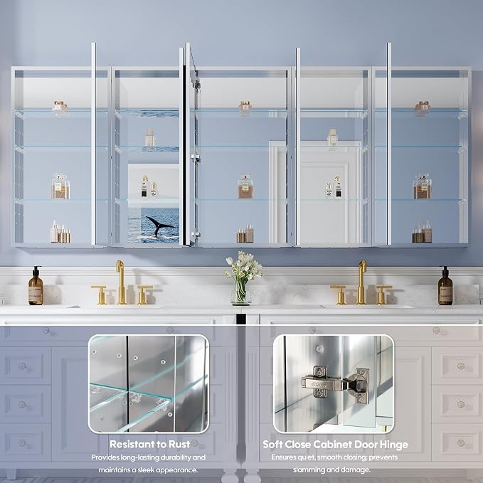 92" x 36" Bathroom Medicine Cabinet with Mirror, Anodized Chrome Aluminum Frame, Surface Mount or Recessed Medicine Cabinet with Mirror, Bathroom Mirror with Storage, Five Doors