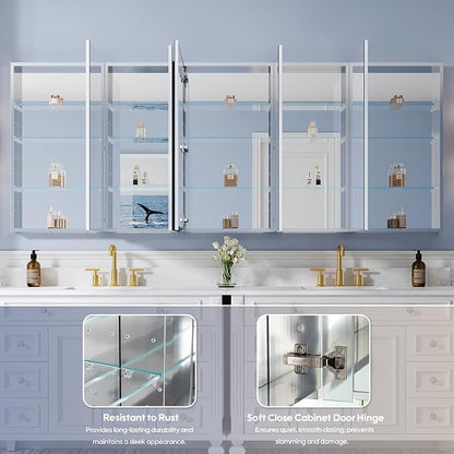 92" x 36" Bathroom Medicine Cabinet with Mirror, Anodized Chrome Aluminum Frame, Surface Mount or Recessed Medicine Cabinet with Mirror, Bathroom Mirror with Storage, Five Doors