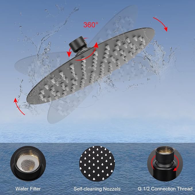 Filter Shower Head, High Pressure 8 Inch Rainfull with Filter Combo for Hard Water, Remove Chlorine Fluoride and Harmful Substances- 1 Replaceable Filter Cartridge (Round, Matte Black)